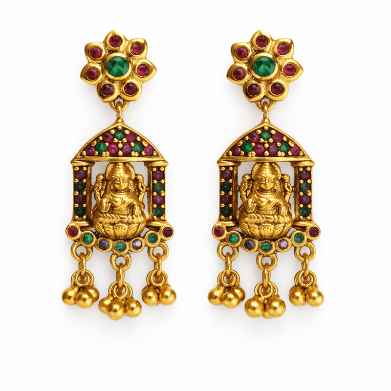 Gold-tone temple earrings with ruby, green, purple stones and three dangling bells