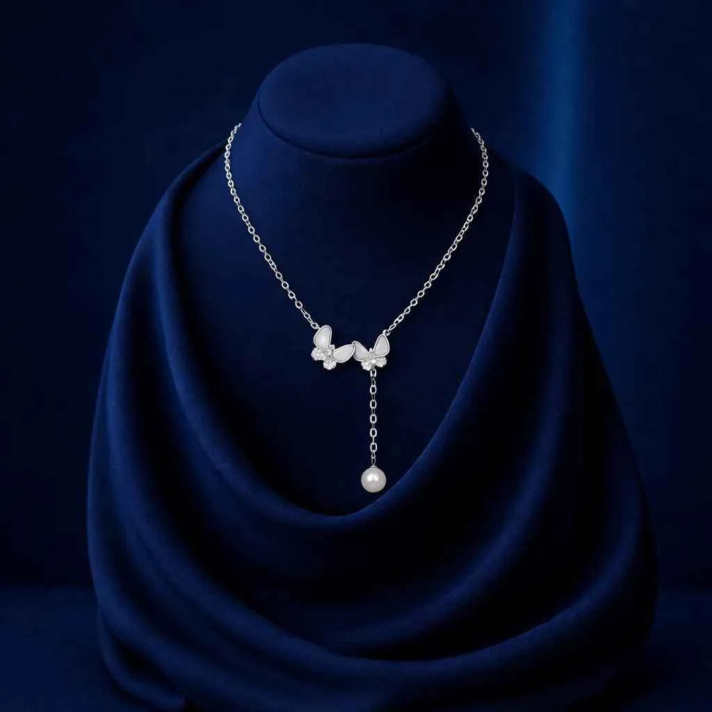 Twin Butterfly Pearl Drop Necklace - 925 Silver Jewelery