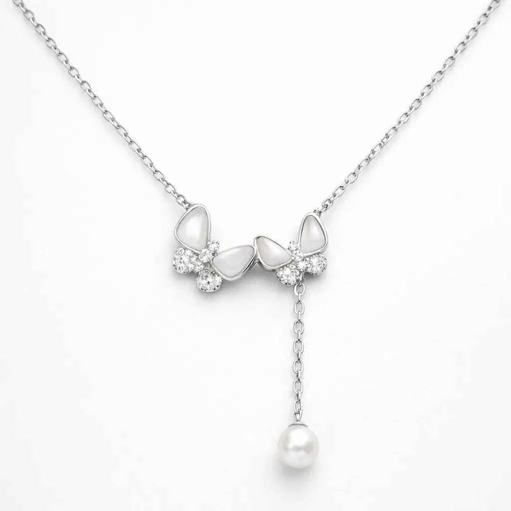 Twin Butterfly Pearl Drop Necklace - 925 Silver Jewelery
