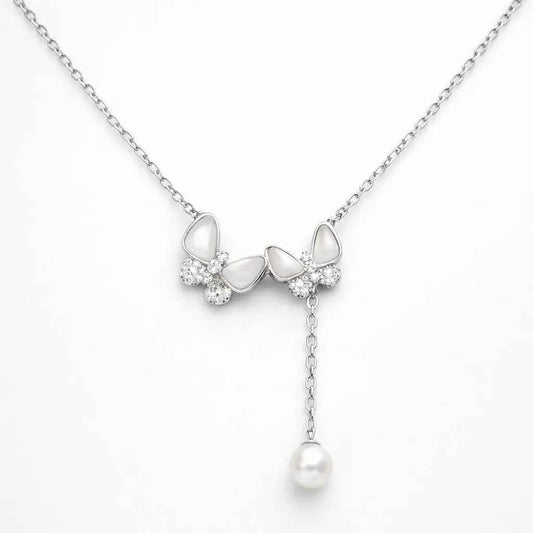 Twin Butterfly Pearl Drop Necklace - 925 Silver Jewelery