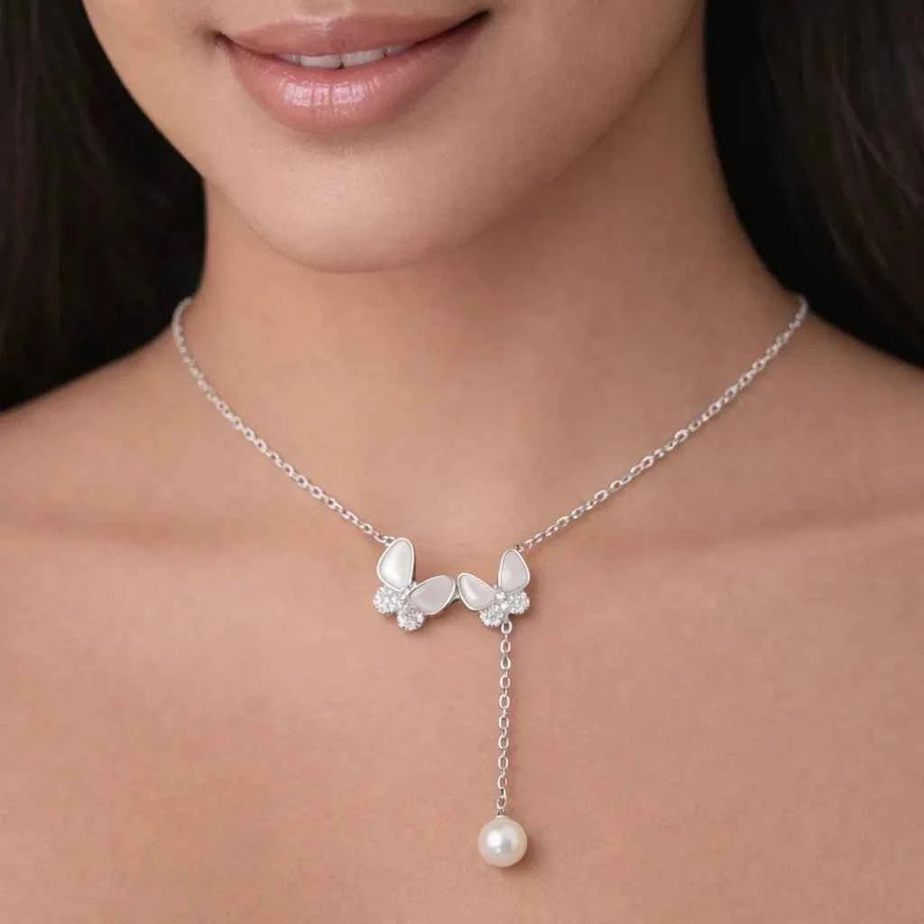 Twin Butterfly Pearl Drop Necklace - 925 Silver Jewelery