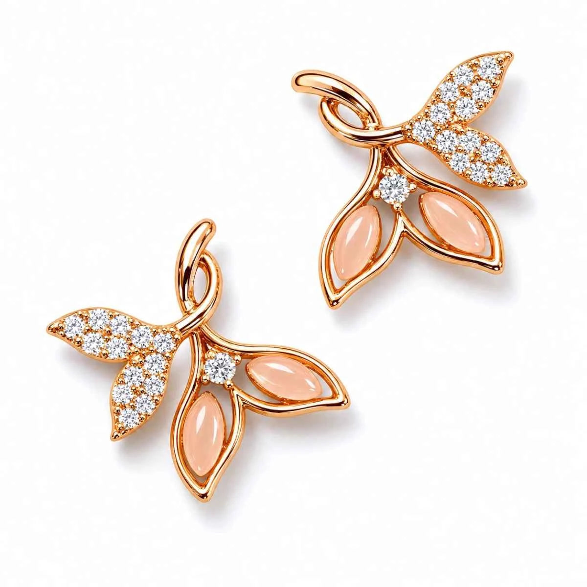Petal stud earrings with bow-like petals, pink enamel teardrops and clear crystals, gold-tone