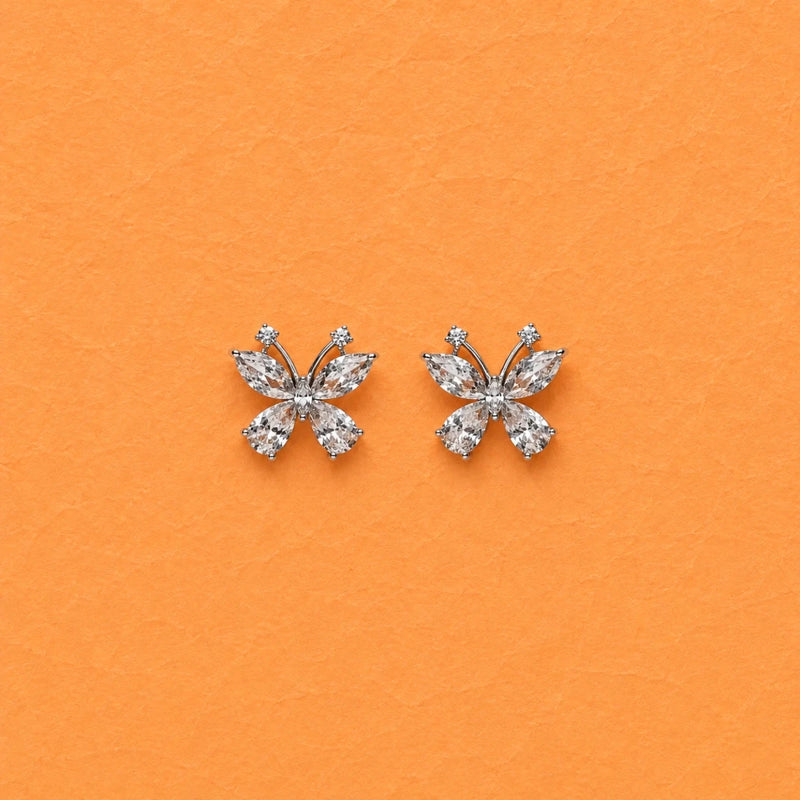 925 silver butterfly stud earrings, pair with marquise crystal wings