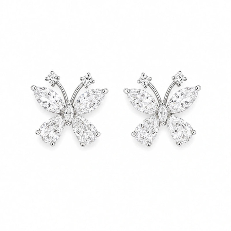 925 silver butterfly stud earrings with clear marquise and round crystal stones