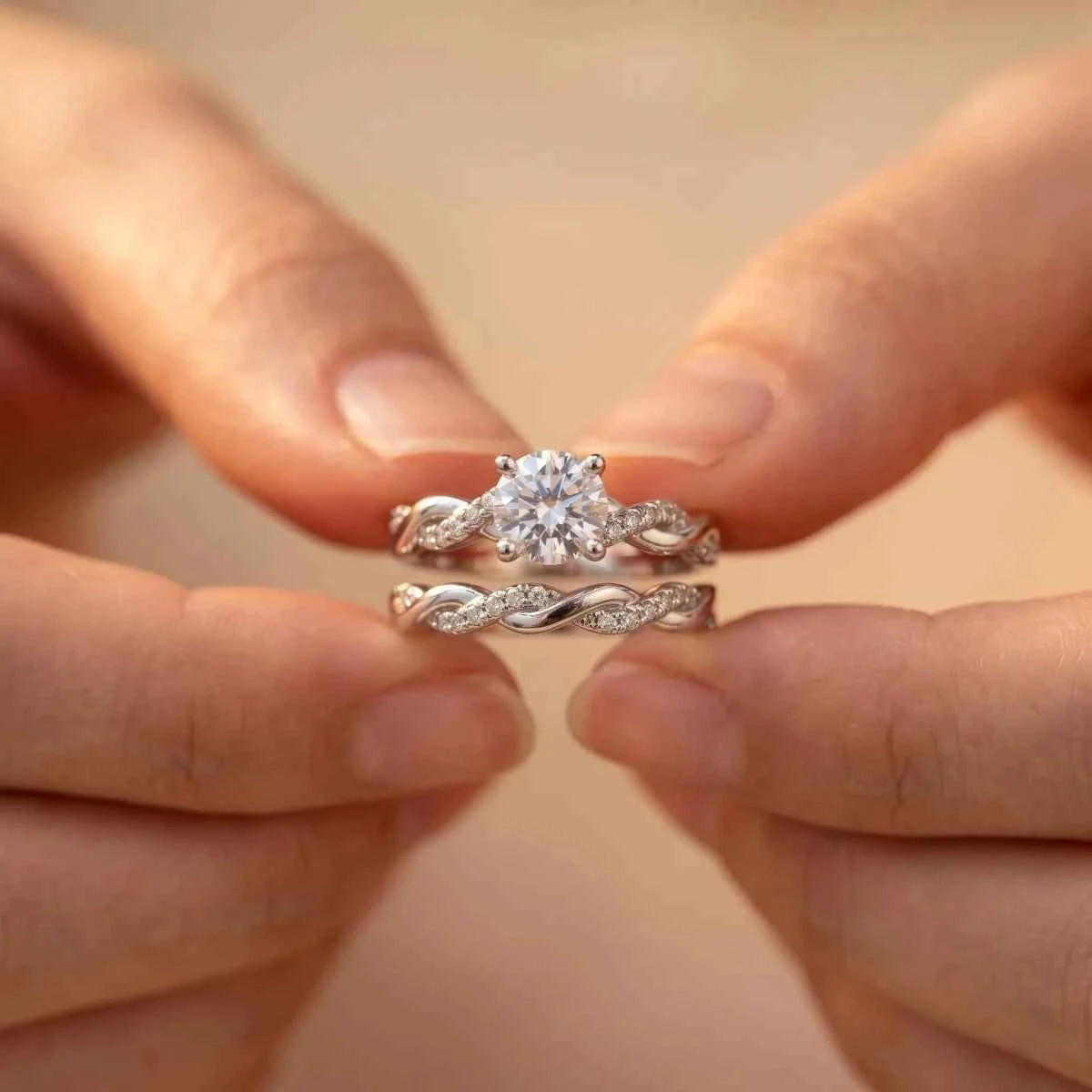 Twisted Silver Bridal Ring Set with Round Solitaire - Silvorn India