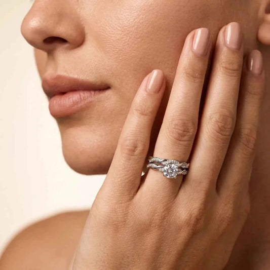 Twisted Silver Bridal Ring Set with Round Solitaire - 925 Silver Jewelery