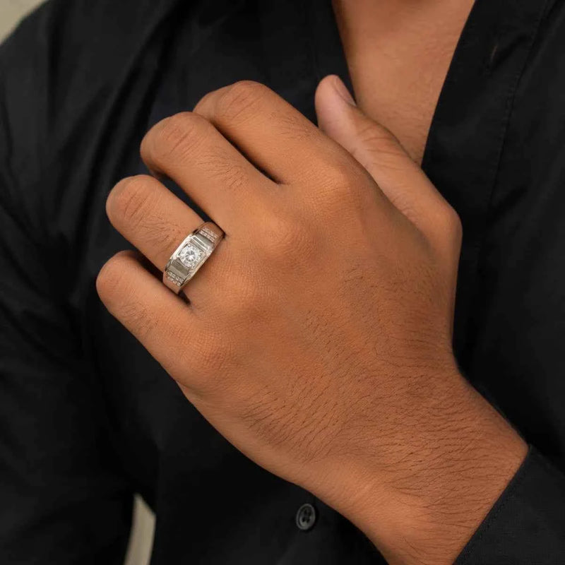 925 sterling silver ring on hand with square center stone and pave sides