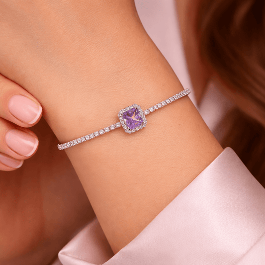 Vibrant Amethyst Radiant Halo Tennis Bracelet - Silvorn India