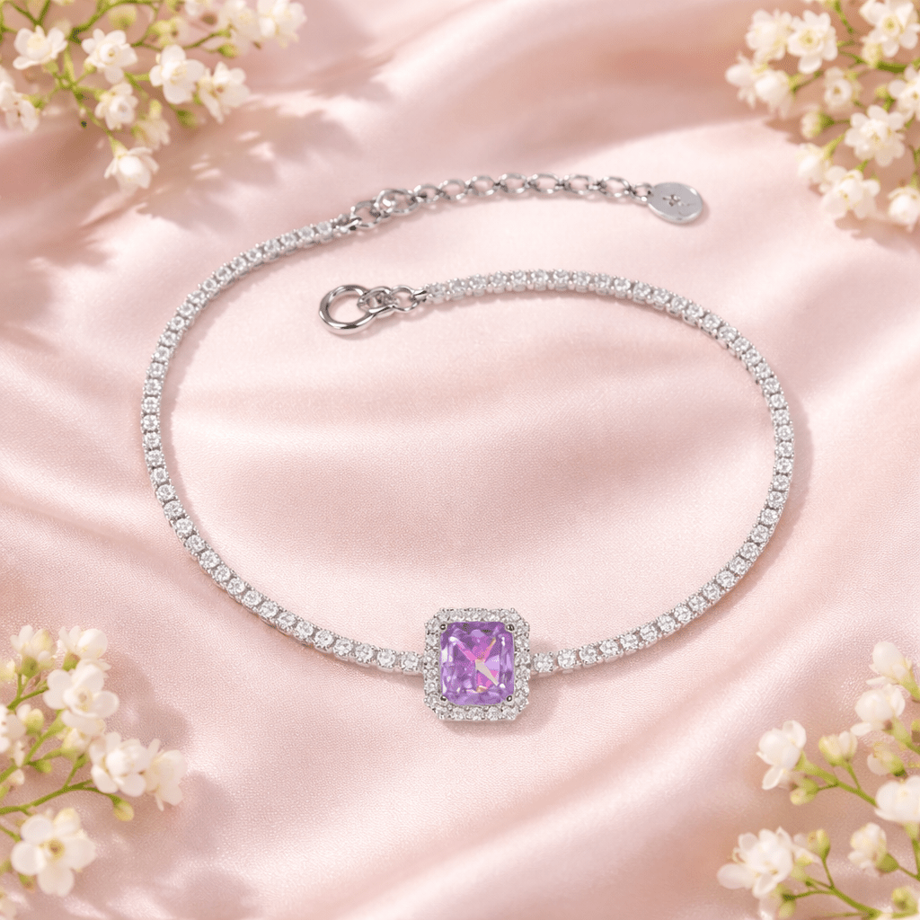 Vibrant Amethyst Radiant Halo Tennis Bracelet - Silvorn India