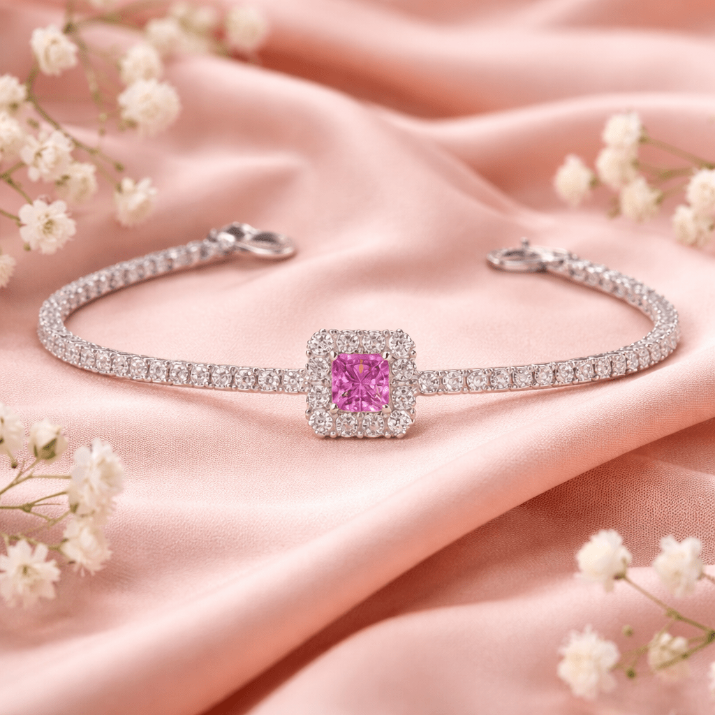 Vibrant Pink Square Halo Tennis Bracelet - Silvorn India