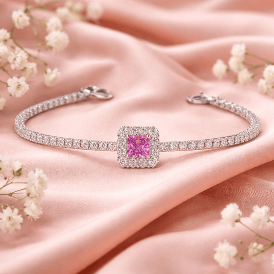 Vibrant Pink Square Halo Tennis Bracelet - 925 Silver Jewelery