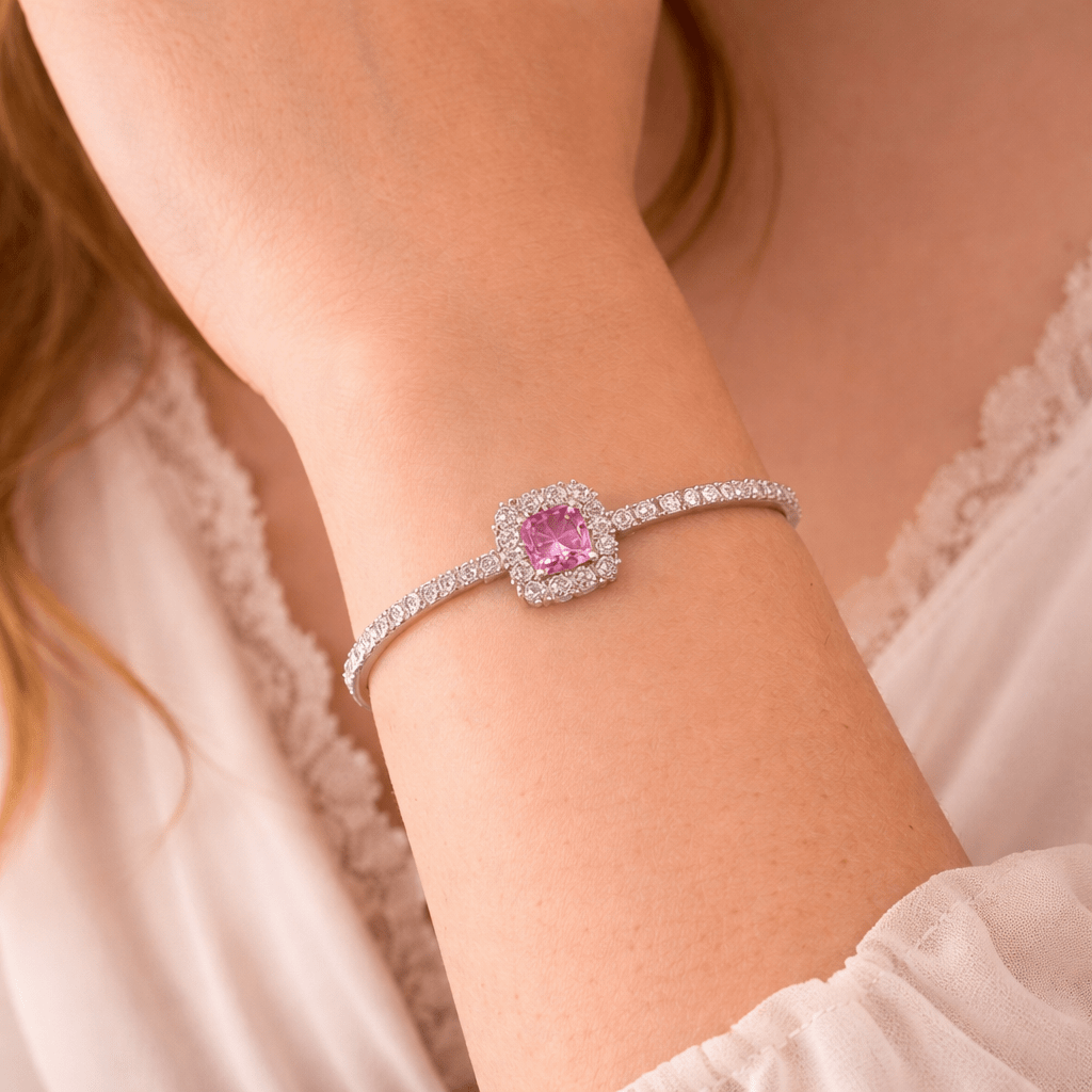 Vibrant Pink Square Halo Tennis Bracelet - Silvorn India
