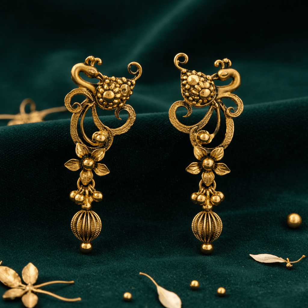 Vintage Peacock Motif Gold Plated Drop Earrings with Floral Detailing - Silvorn India