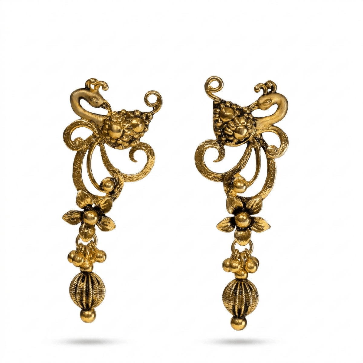 Vintage Peacock Motif Gold Plated Drop Earrings with Floral Detailing - Silvorn India