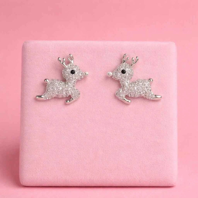 925 silver reindeer pavé stud earrings, side-by-side pair