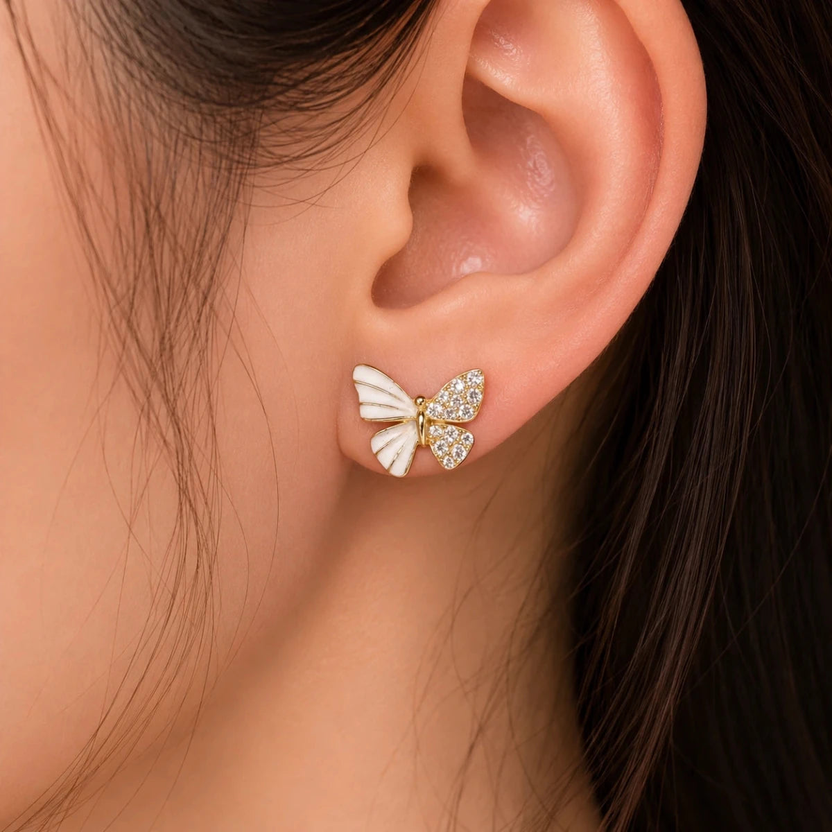 White Enamel Butterfly Studs - Silvorn India