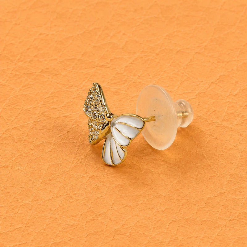 Single butterfly stud earring with white enamel wings and clear push-back