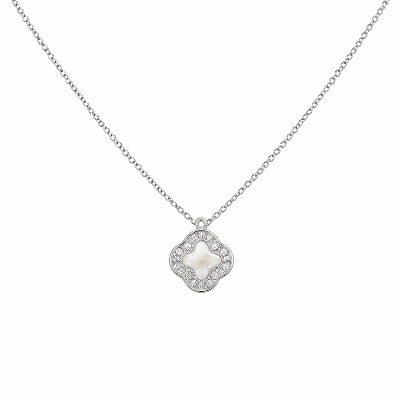 Silver clover pendant necklace with white enamel and engraved border
