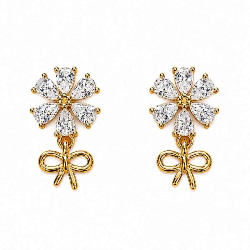 Zirconia floral drop stud earrings with bow charm, two-piece flower and ring details