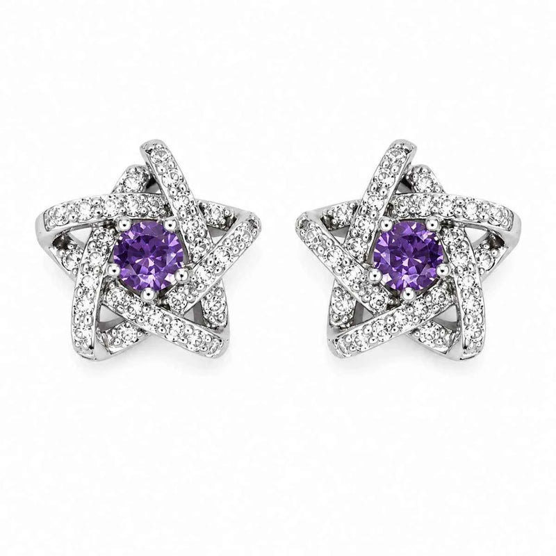 Pair of star stud earrings with purple zirconia and pave detailing, silver-tone